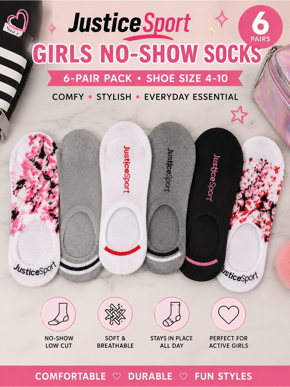 Justice No-Show Sock Pack in White, Gray, Black with Pink Accent